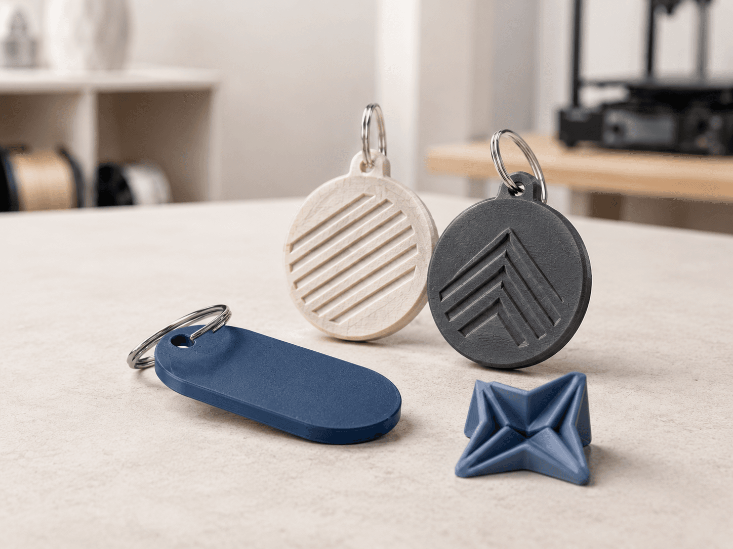 Chaveiros personalizados produzidos em impressão 3D.