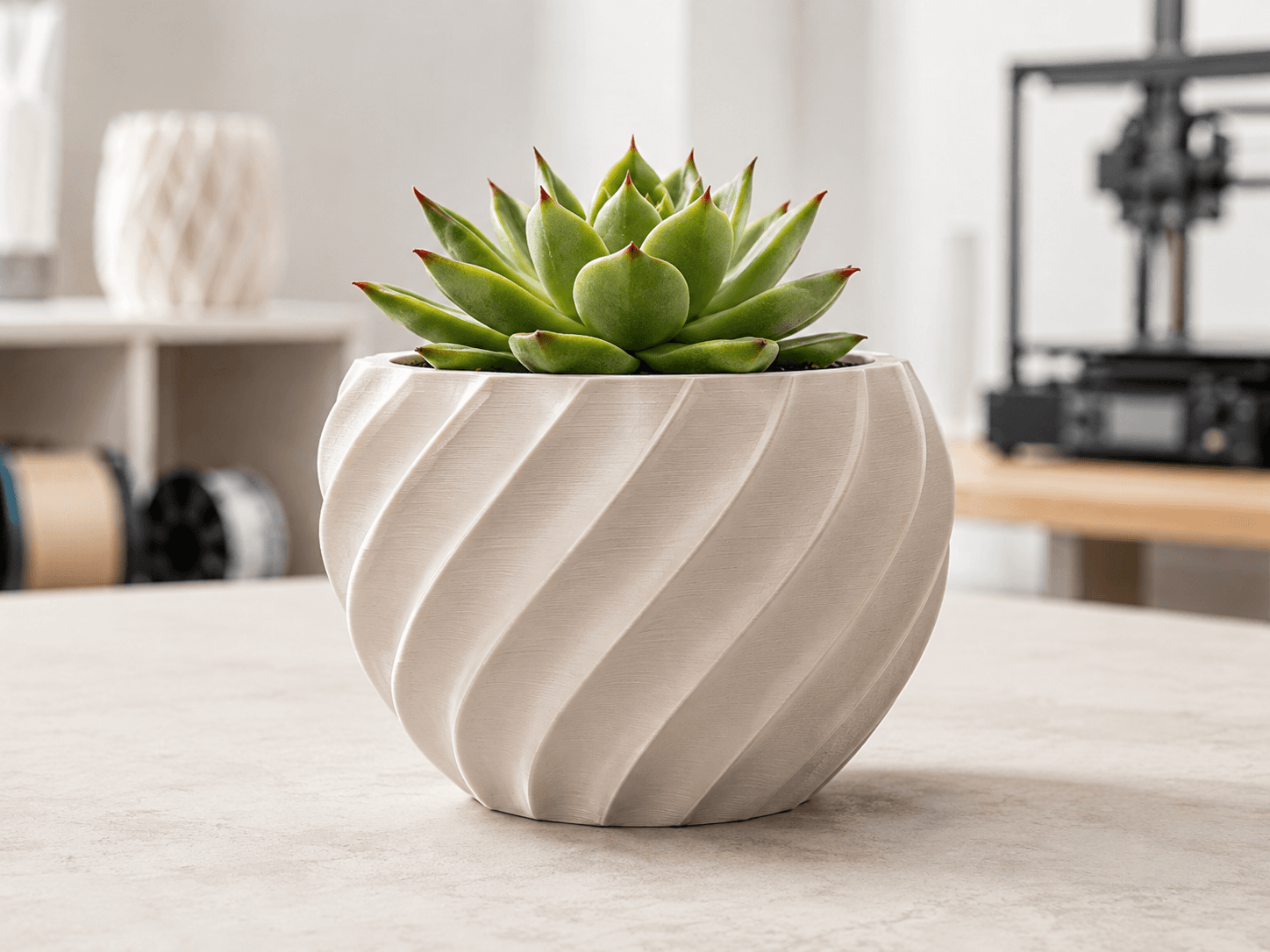 Vaso decorativo produzido em impressão 3D com uma suculenta.